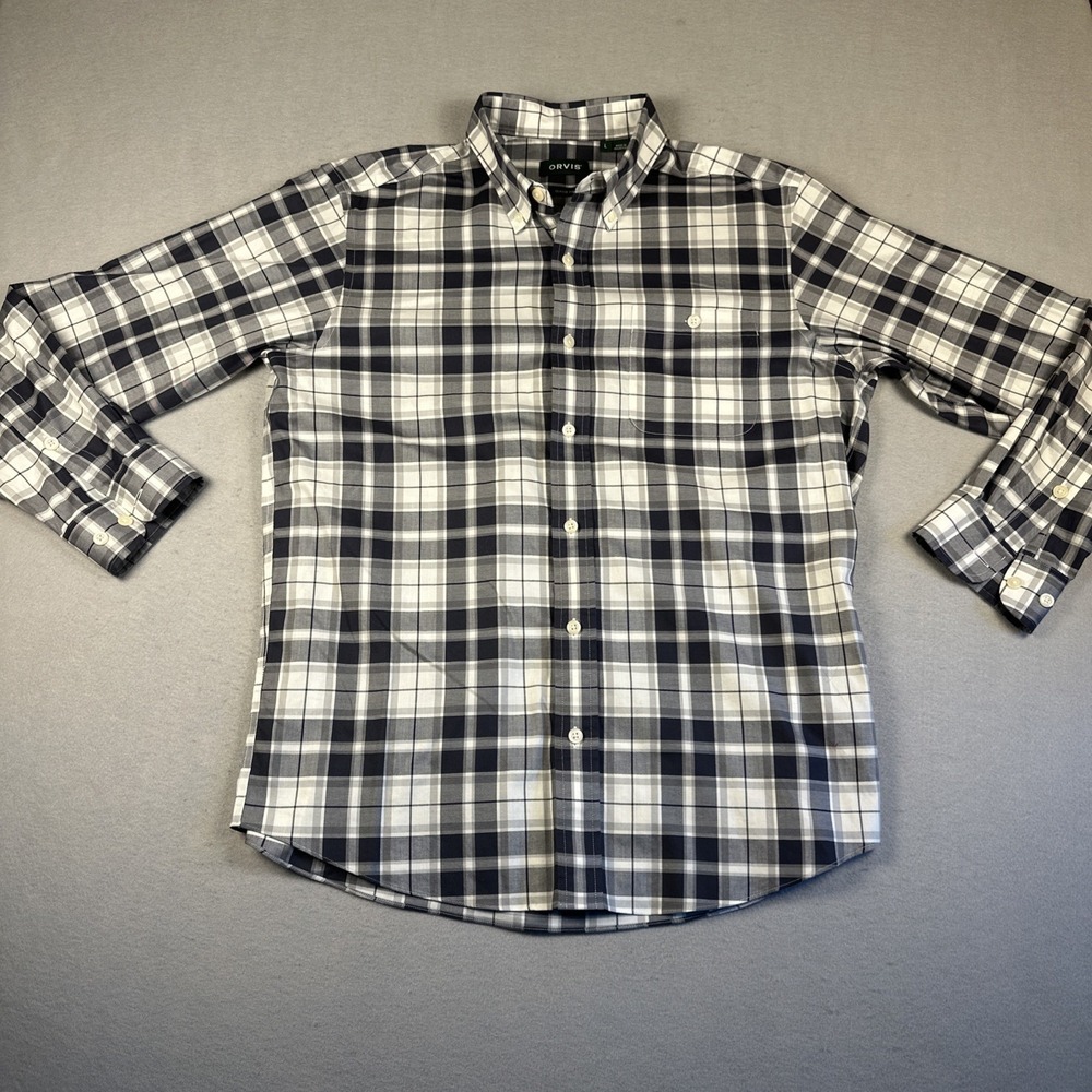 ORVIS Button Down‎ Shirt Mens Large Black White Plaid Long Sleeve Classic Fit